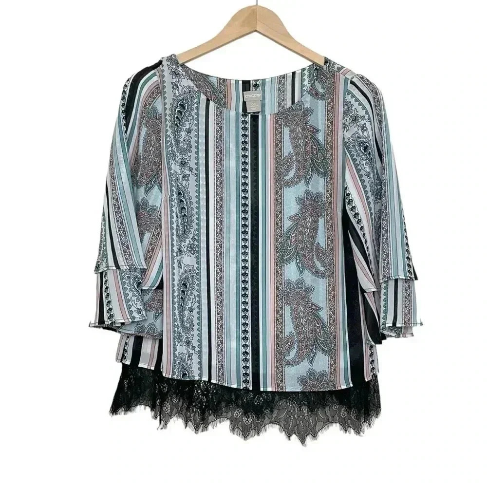 Chico's Tiered Sleeve Popover Paisley Stripe Blouse 3/4 Sleeve XS